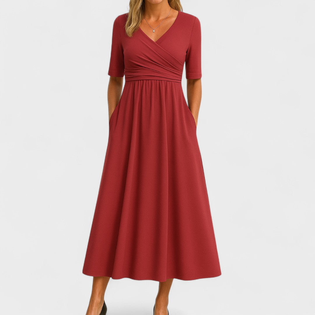 Beatrisa | Women's V-Neck Midi Dress with Pockets