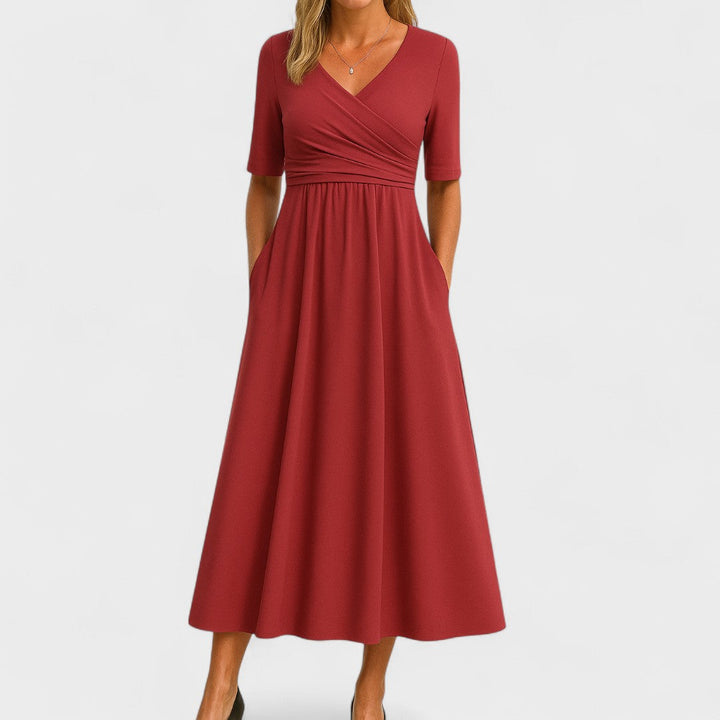 Beatrisa | Women's V-Neck Midi Dress with Pockets