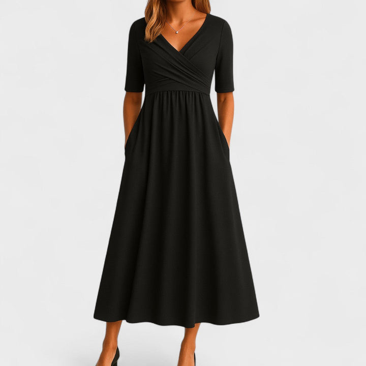 Beatrisa | Women's V-Neck Midi Dress with Pockets