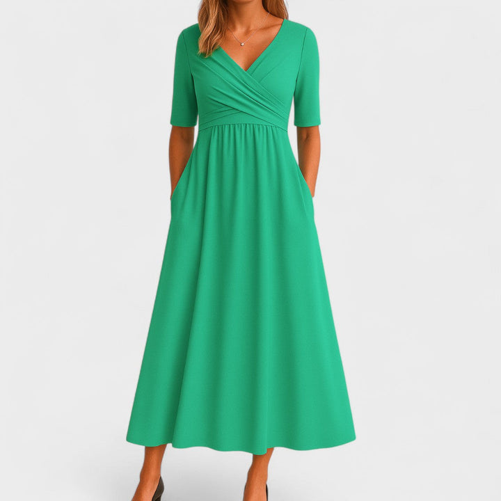 Beatrisa | Women's V-Neck Midi Dress with Pockets
