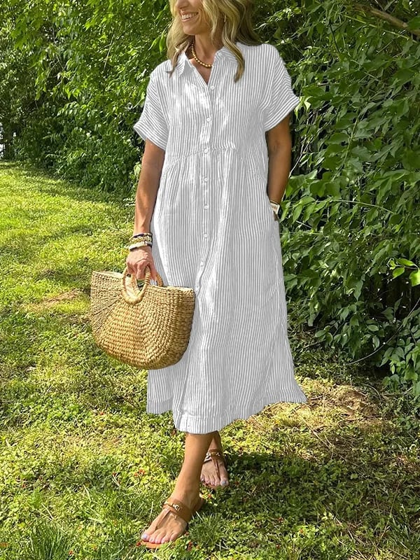 Hazel | Striped Midi Shirt Dress with Buttons
