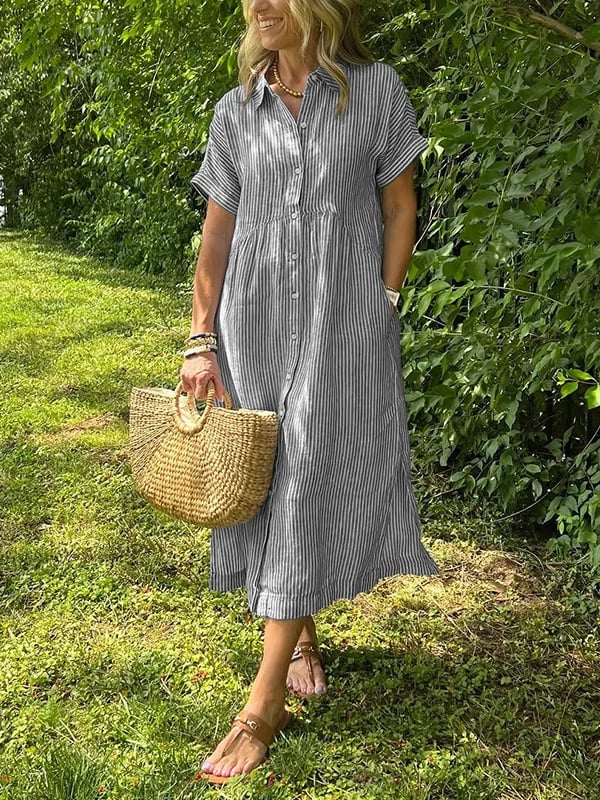 Hazel | Striped Midi Shirt Dress with Buttons