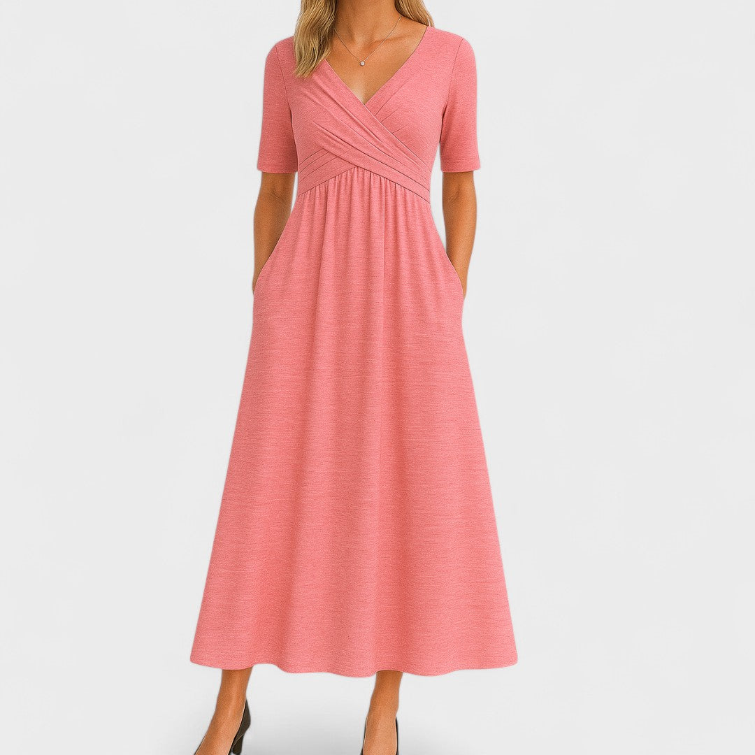 Beatrisa | Women's V-Neck Midi Dress with Pockets