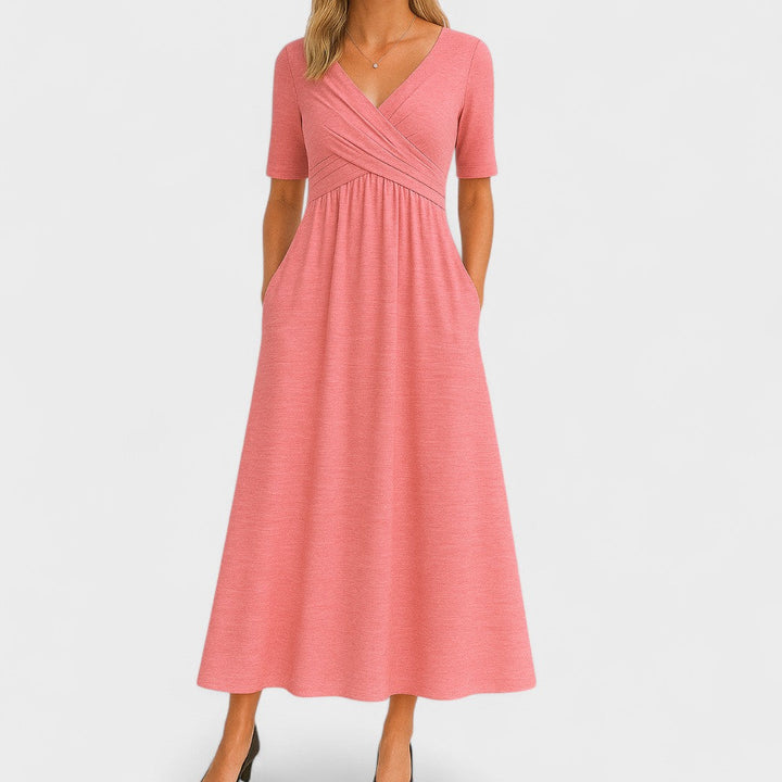 Beatrisa | Women's V-Neck Midi Dress with Pockets