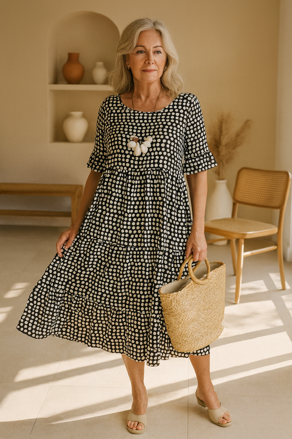 Olivia | Short Sleeve Midi Dress with Flowy Fit