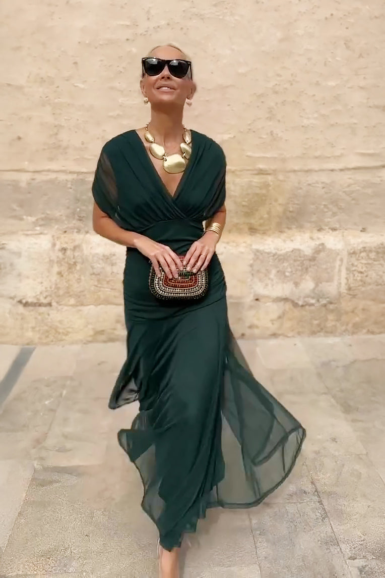 Celeste | Pleated V-Neck Maxi Dress
