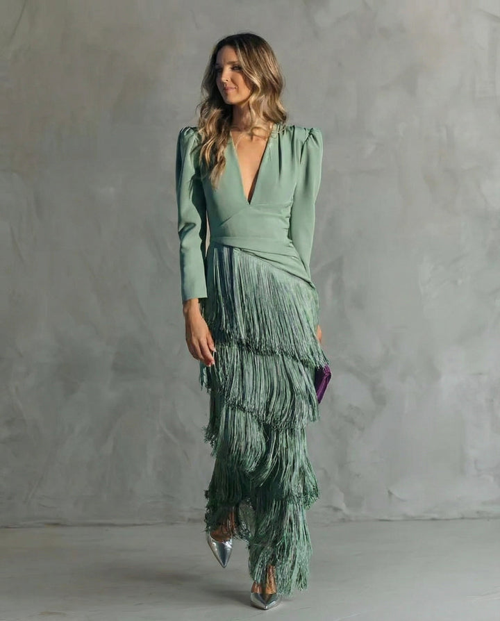 Vivienne | Fringe Sleeve Midi Dress