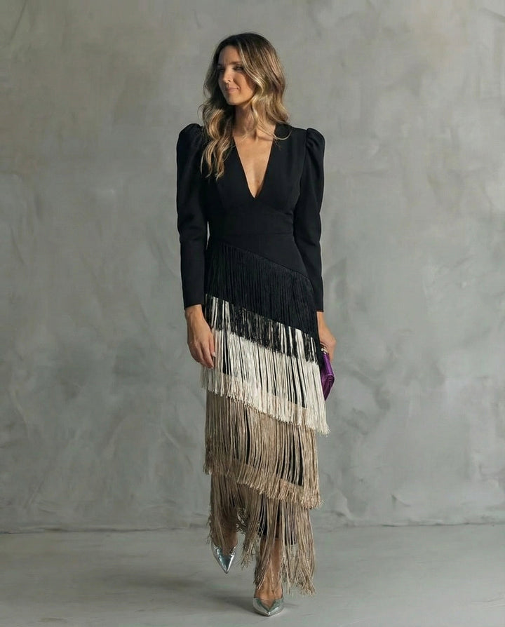 Vivienne | Fringe Sleeve Midi Dress