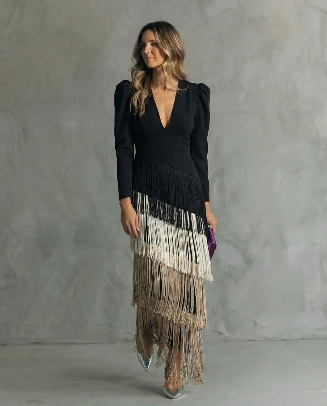 Lillian | Elegant Midi Dress with Fringe Sleeves