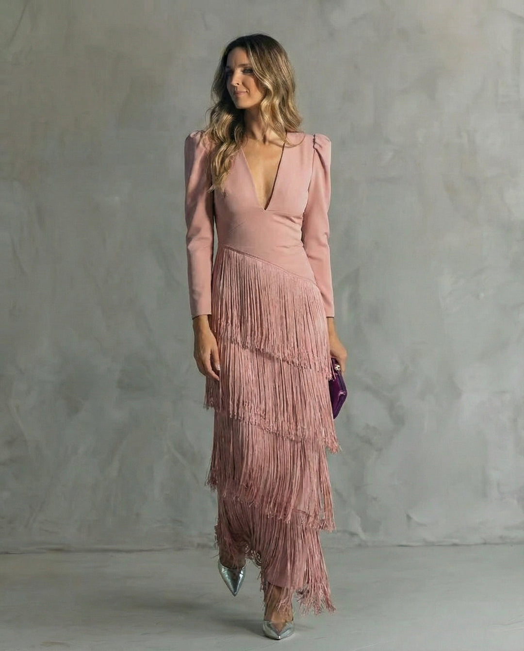 Lillian | Elegant Midi Dress with Fringe Sleeves