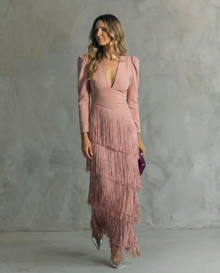 Vivienne | Fringe Sleeve Midi Dress