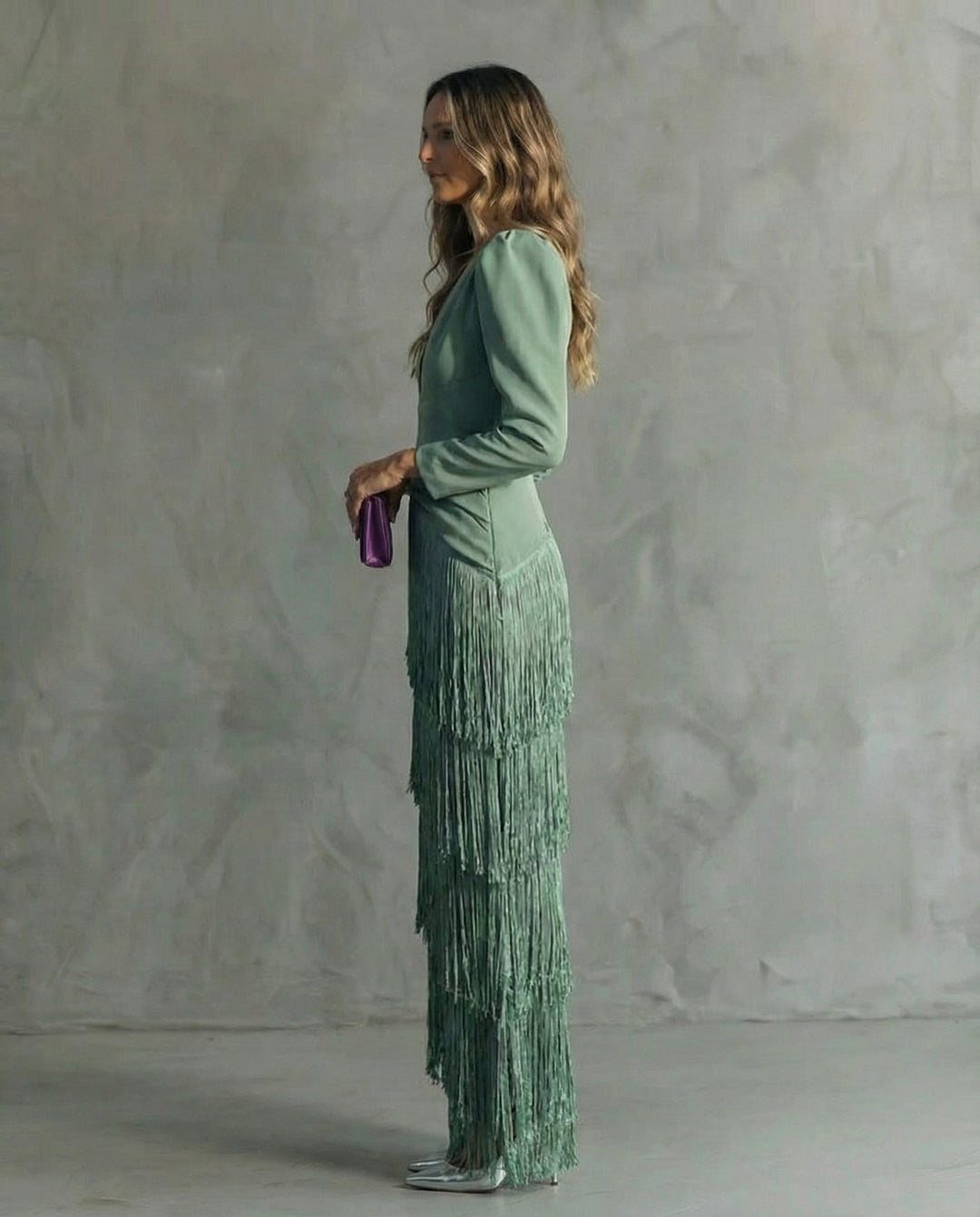 Lillian | Elegant Midi Dress with Fringe Sleeves