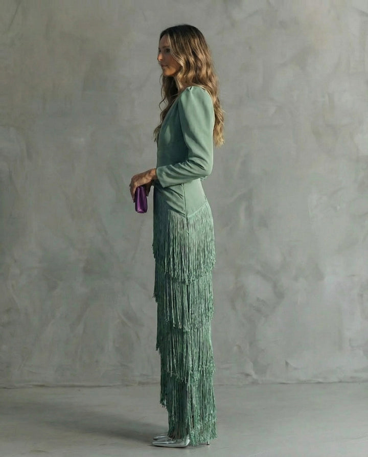 Lillian | Elegant Midi Dress with Fringe Sleeves
