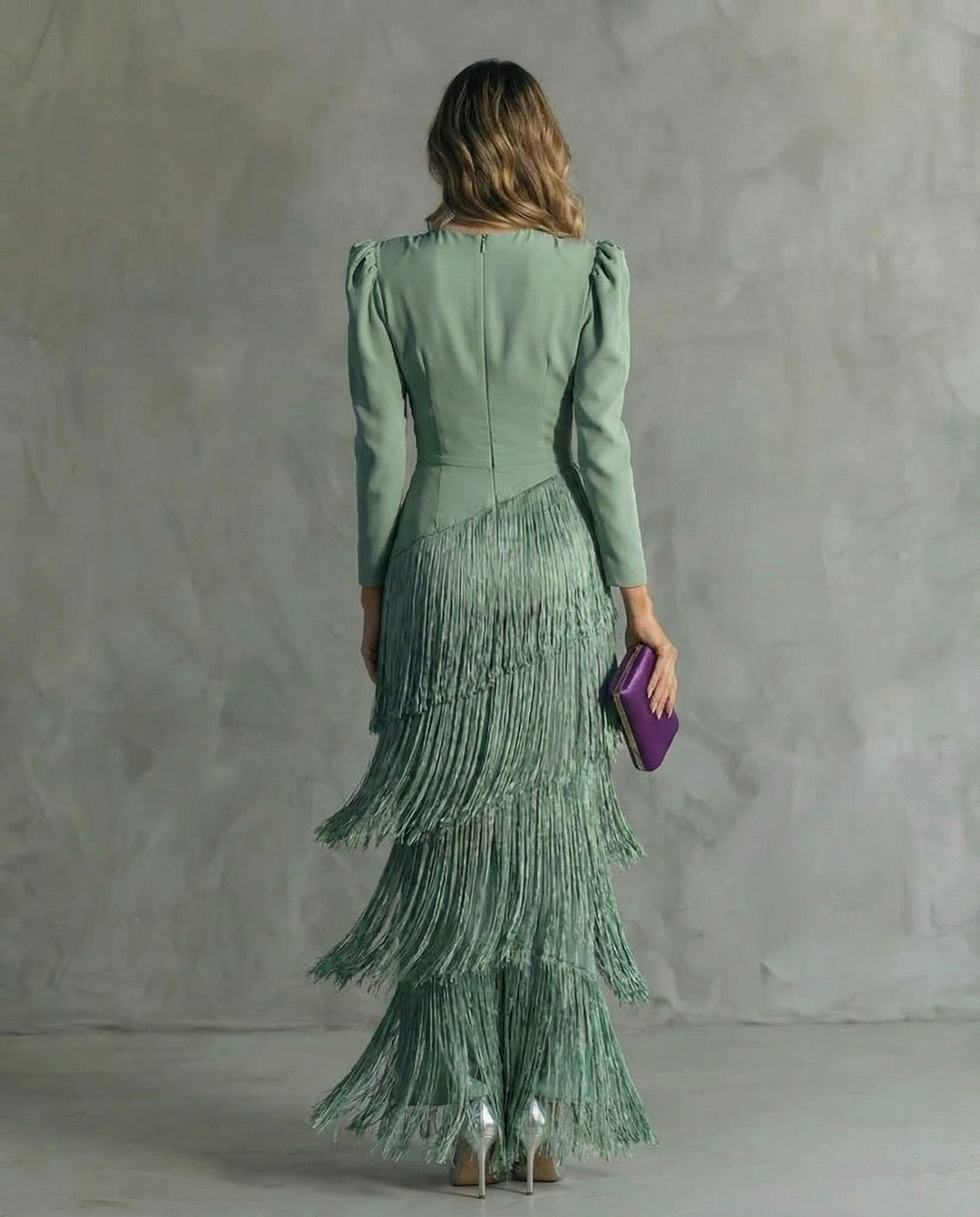 Lillian | Elegant Midi Dress with Fringe Sleeves
