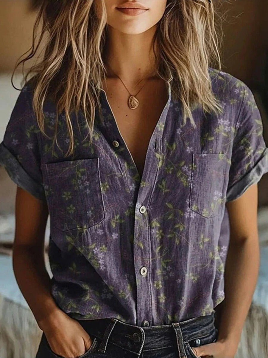 Margot | Floral Short Sleeve Blouse with Lapel Collar