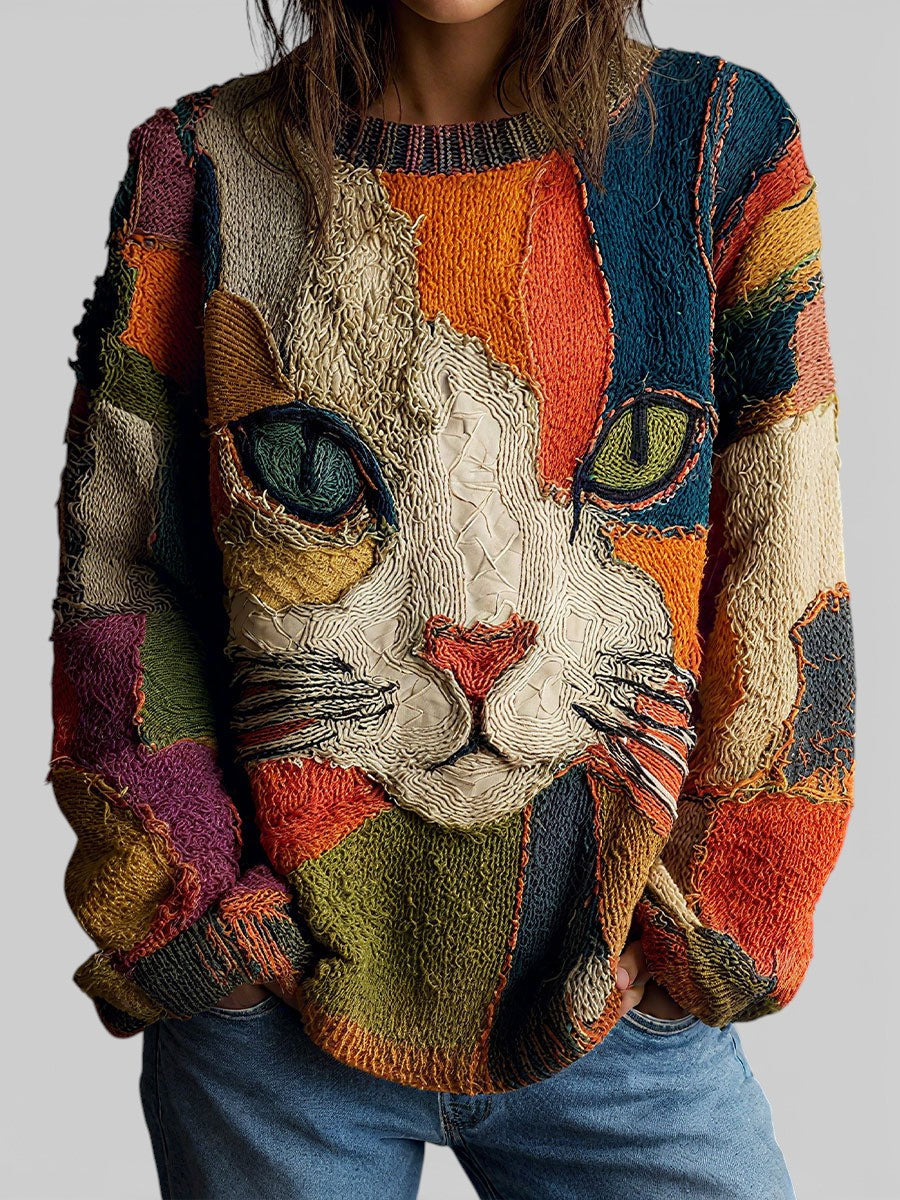 Stella | Cat Graphic Knit Sweater with Patchwork Detail